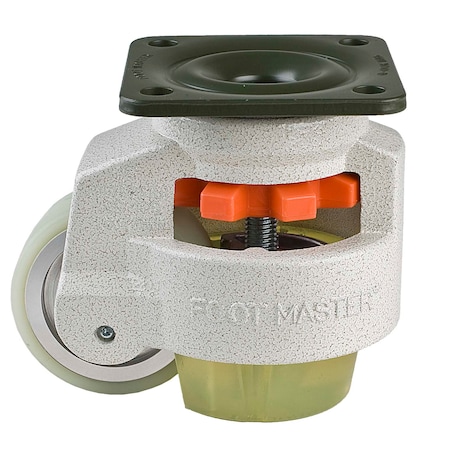 Foot Master Leveling Caster, 75 mm Polyurethane Wheel, 95x95 mm Plate, Swivel, 800 kg Cap, PU Foot Pad, Ivory GD-100-F-HUP-CUR